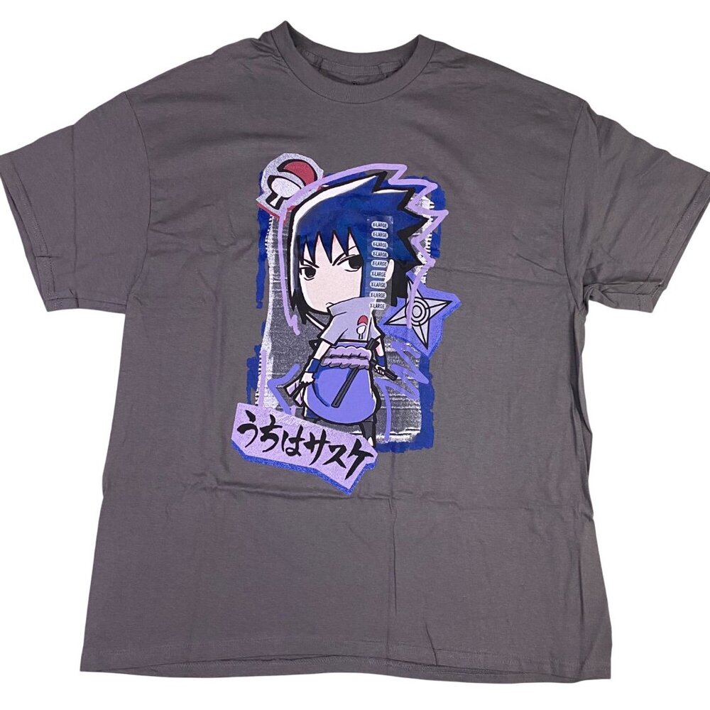 Naruto Anime Modern Decoupage Sasuke Uchiha Chibi Gray Graphic Tee Shirt Men XL